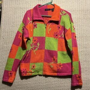 Eagle's Eye Zip Cardigan Sweater Vintage Retro Flower Power L Line Green Floral